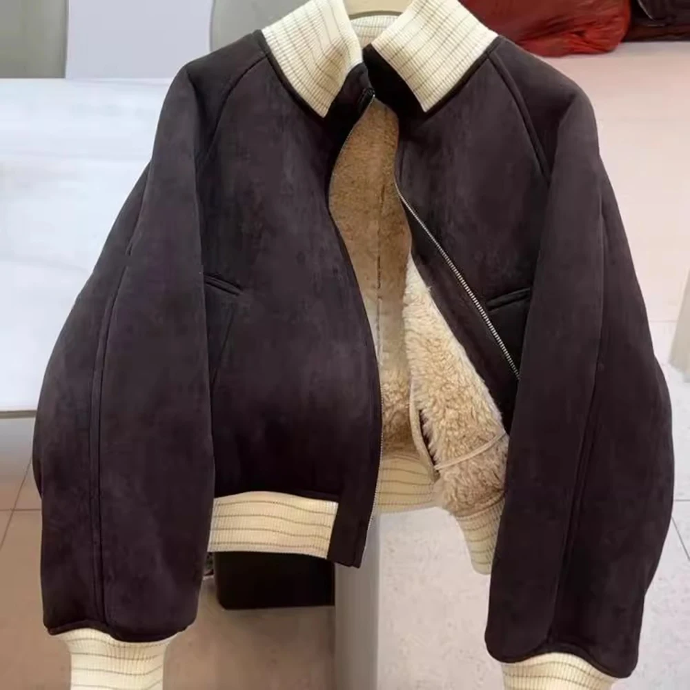 

New European Style Loose Versatile Short Thick Lamb Wool Coat For Women Thickened Insulation Winter Half High Collar Jacket