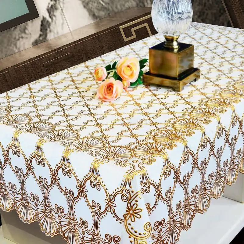 Waterproof Tablecloth Household Rectangular Oilproof PVC Plastic Tablecloth Golden Bronzing Printing Table Cover Table Mat Nappe