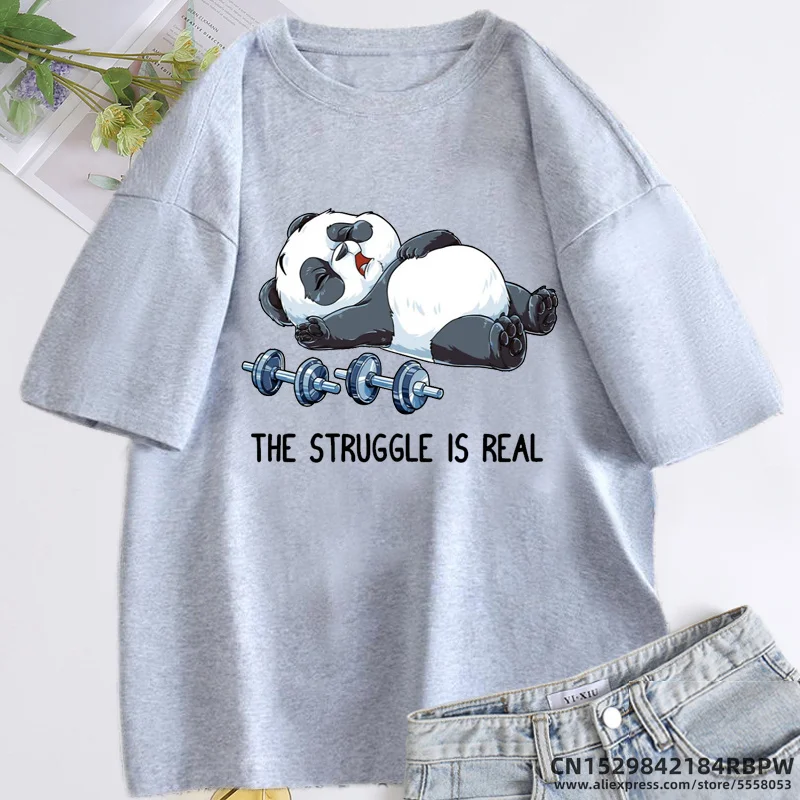 The Struggle Is Real Fitness Panda T Shirt Funny Cartoon T-shirts Summer Short Sleeve Graphic T Shirts Streetwear Women\'s Tops