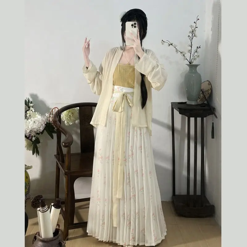 مجموعة Song Hanfu الأصلية - بلوزة نسائية بأكمام هوائية مع تنورة مطوية من قطعة واحدة، أزياء نسائية صينية تقليدية قديمة