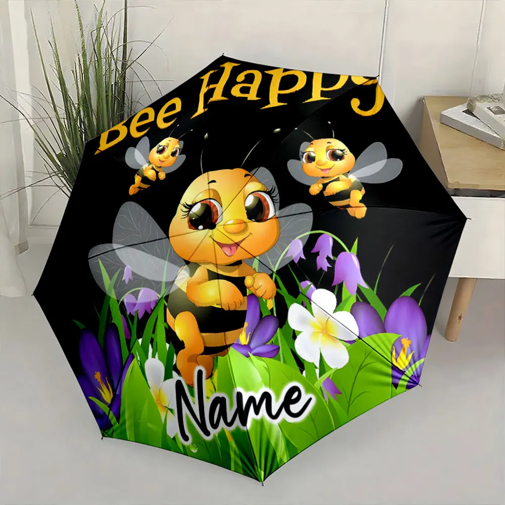 Custom Name  Cheerful Bee-Themed Umbrella with Floral Design Print 8 Iron Ribs Folding Umbrella Auto-Open Fashion Sunshade