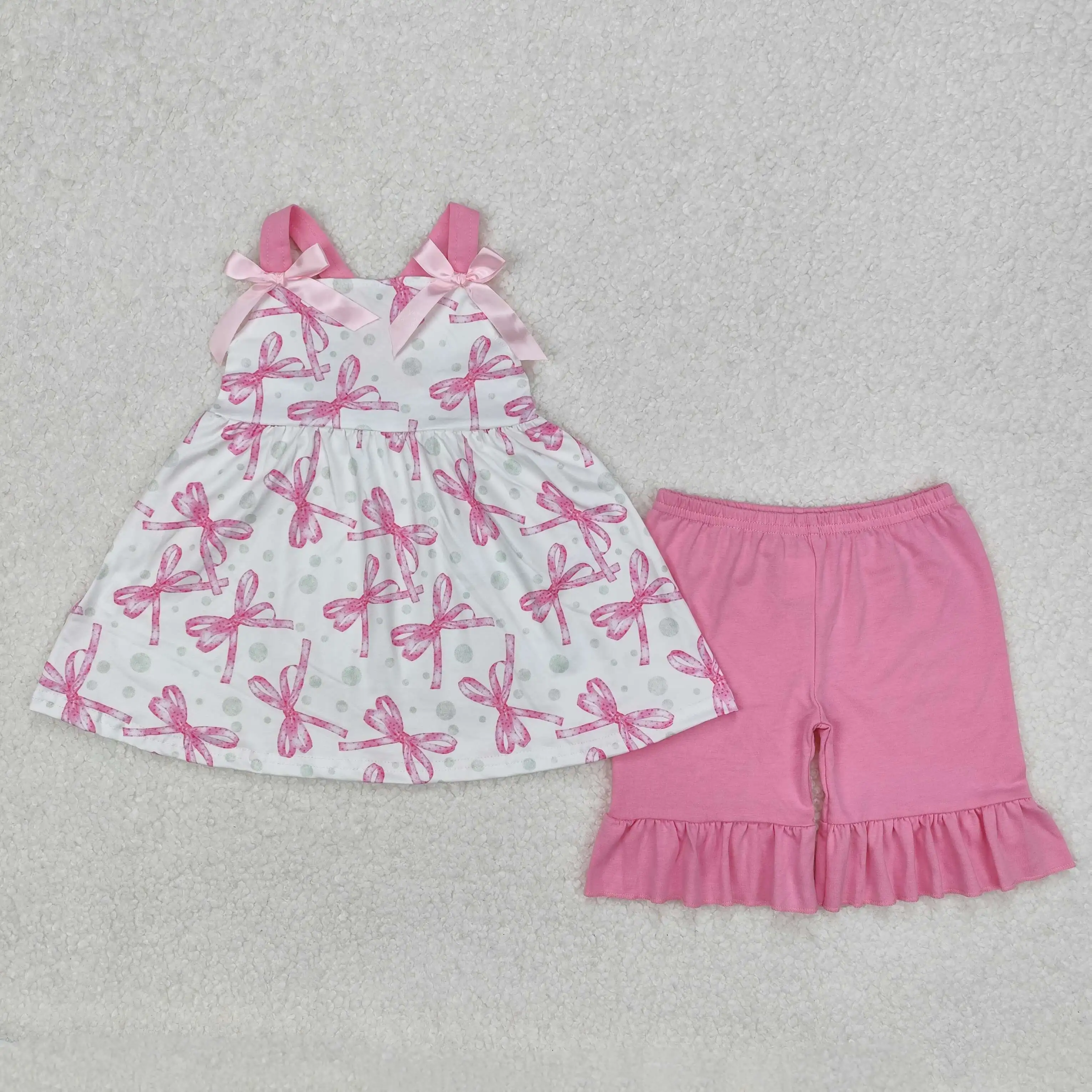 

GSSO2075 Wholesale Summer kids clothes girl Pink bow bubble pattern suspender lace shorts sets Boutique baby girl clothes sets