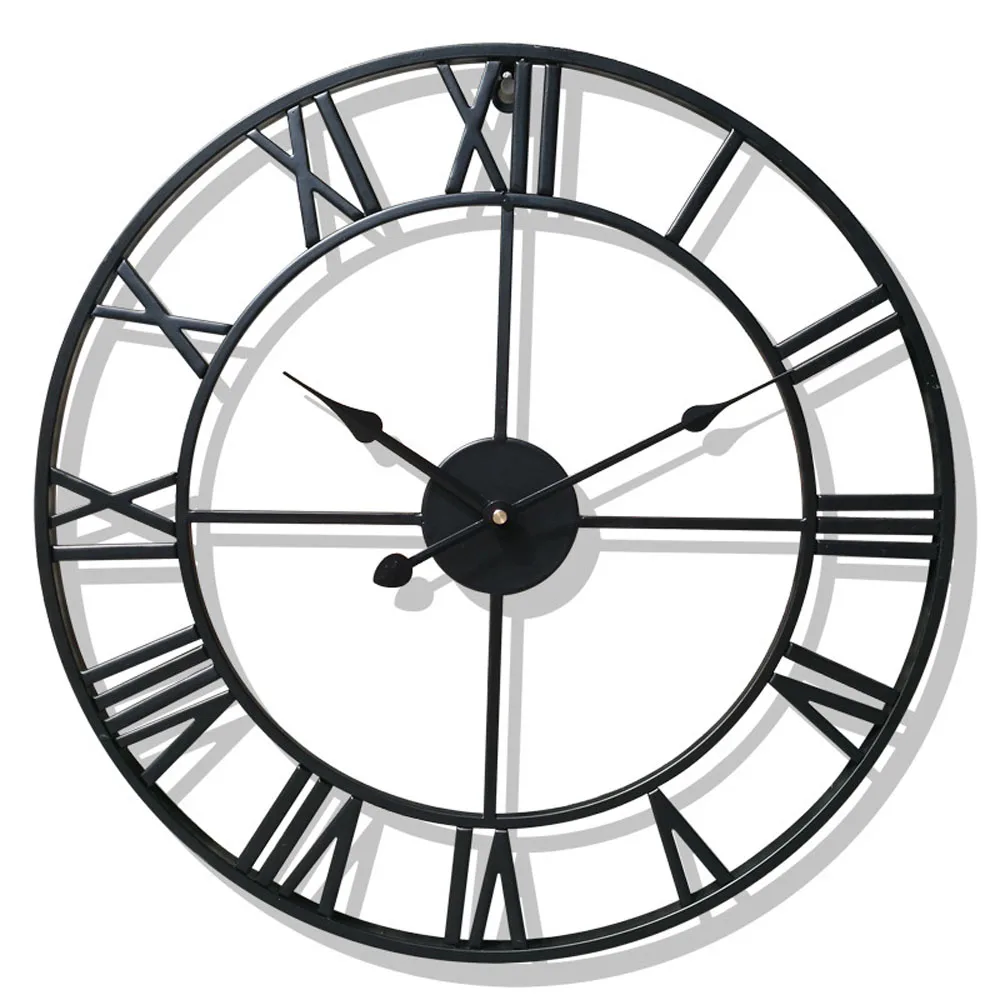 Reloj de pared grande con números romanos en 3D con forma redonda de hierro y metal retro. Preciso y silencioso para la decoración del hogar.