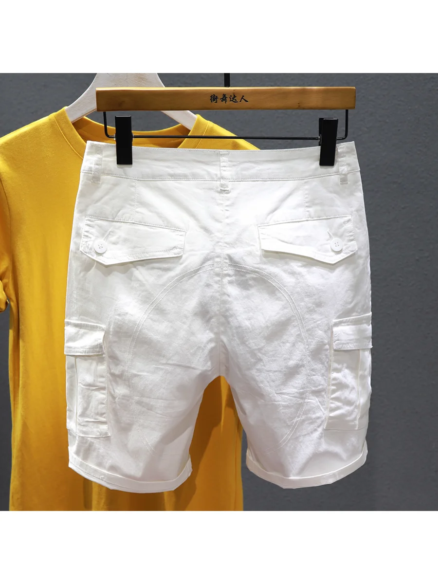 Summer Casual White Men's Shorts Five-Point Loose Fit Thin Cotton Denim Mid-Waist Straight Leg Fashionable Workwear