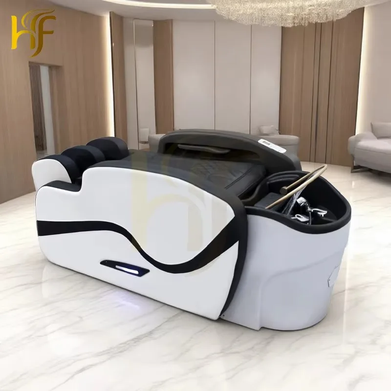 Modern Steam Hair Washing Luxury Shampoo Bed Black Leather Massage Shampoo Chair For With Water Circulation