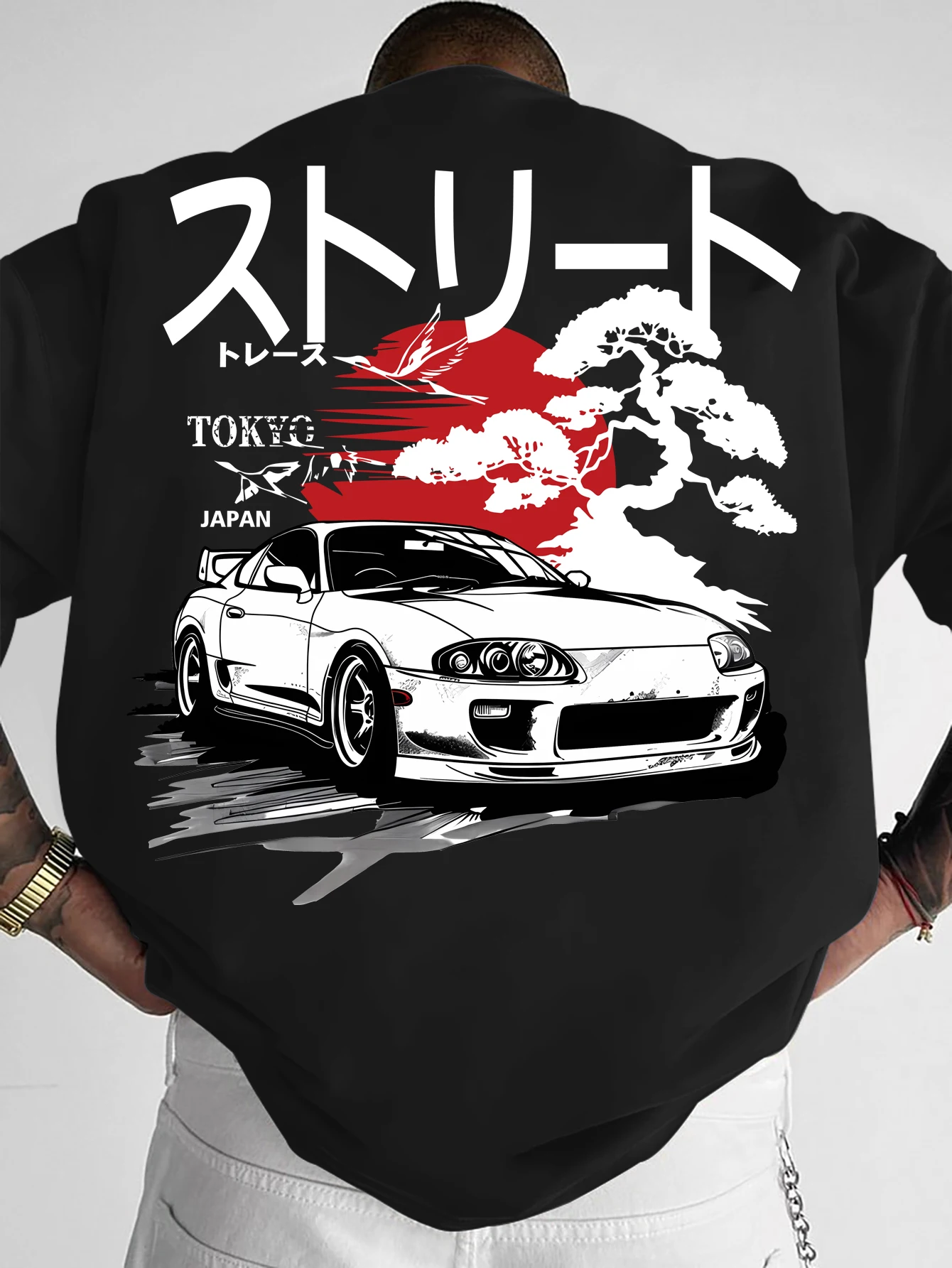 Übergroßes Vintage-Japanisches T-Shirt für Männer, Streetwear, Retro-Rennwagen-Landschaftsdruck auf der Rückseite, Grafik-T-Shirt mit Rundhalsausschnitt und kurzen Ärmeln – Detail 2