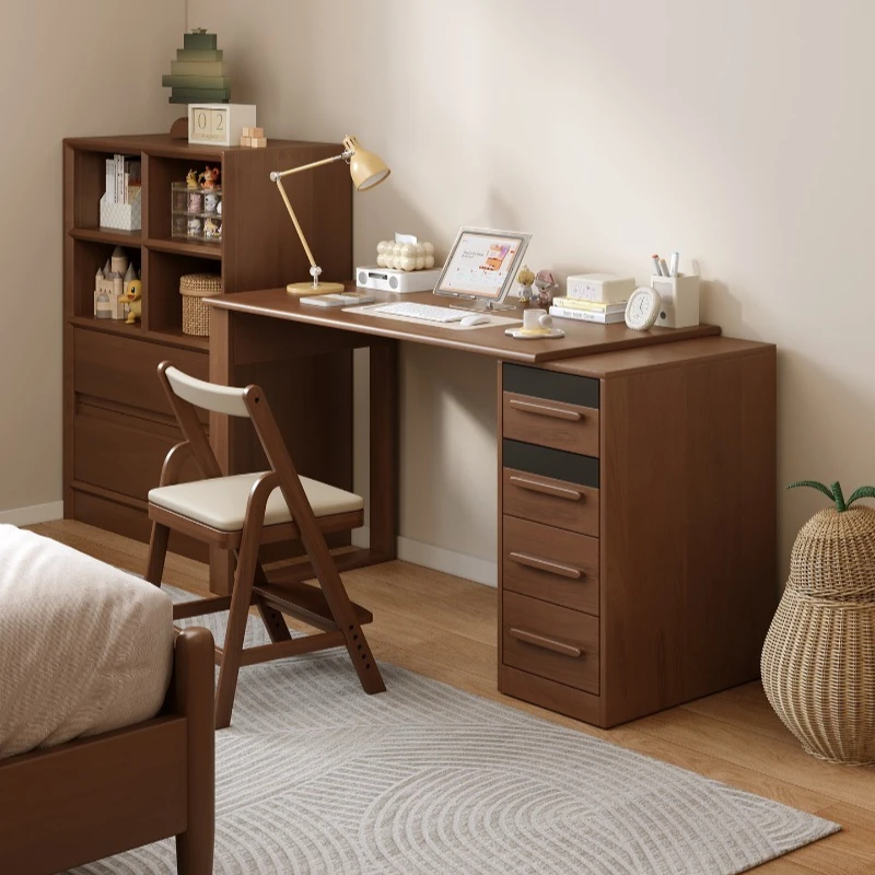 Household all solid wood study desk retractable double computer desk student writing study desk