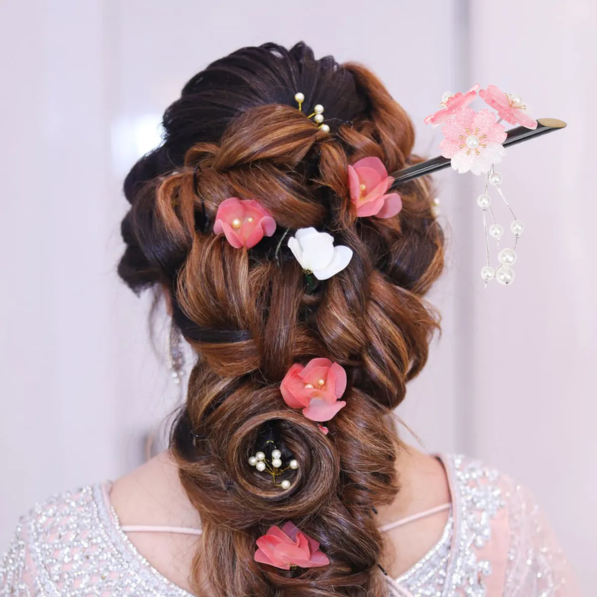 

Flower Design Pink Hair Chopstick Chinese Style Tassel Hair Stick Hairpin for Women Vintage Bridal Hairpin Accessories