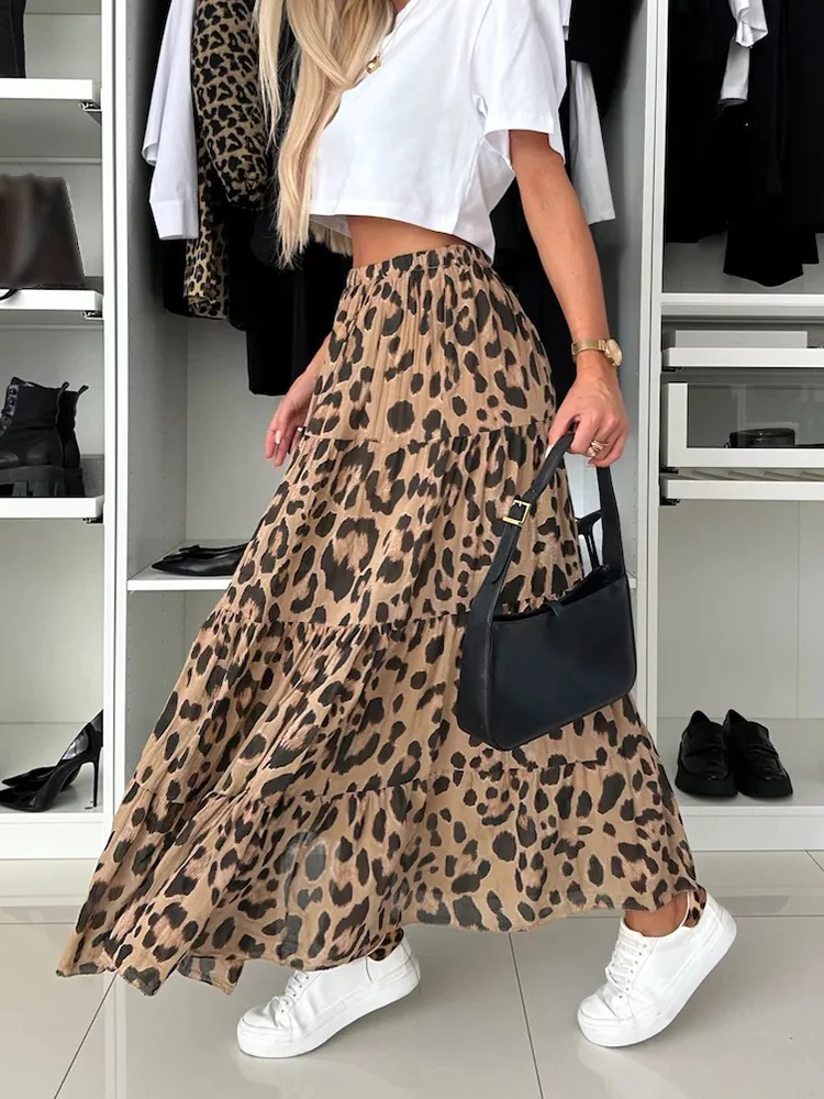 Leopard Print Elegant Female Maxi Skirts, Women Spring Ruffles Patchwork Loungewear Skirts, Elastic Waist Sweet Ladies Skirts