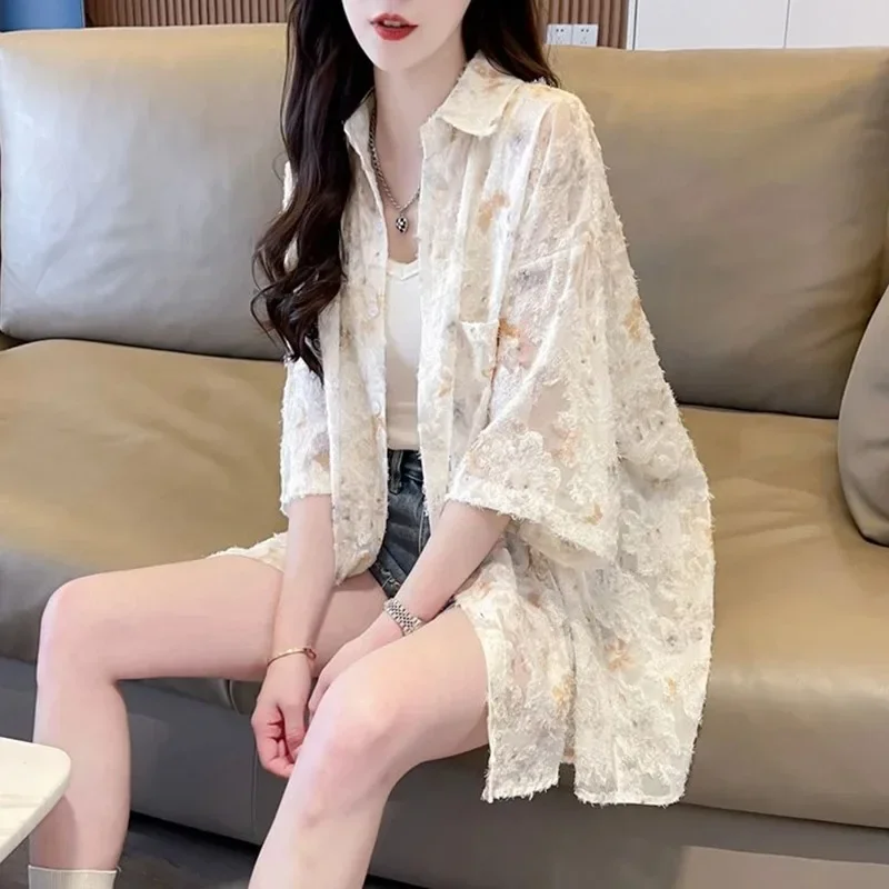 Fashionable Short Sleeve Floral Shirt Women's Loose Sun Protection Outerwear Large Size Casual Tee Polyester Fiber Flip Collar