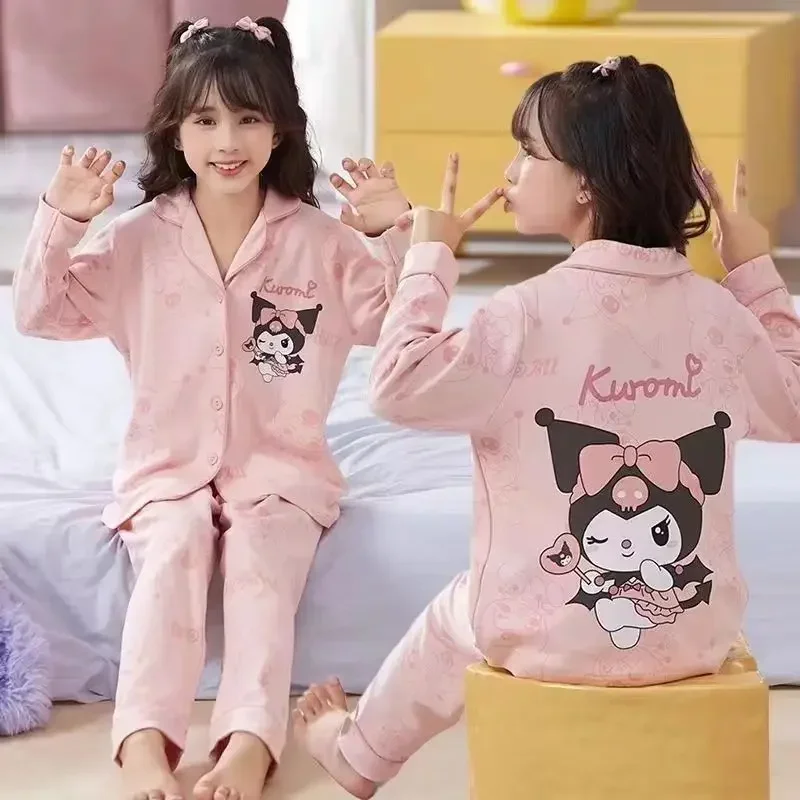 

Girly Heart Kawaii Sanrio Anime Kuromi Cinnamoroll Pajamas Spring Autumn Cute Cartoon Children Long Sleeve Coat Oants Set Gifts