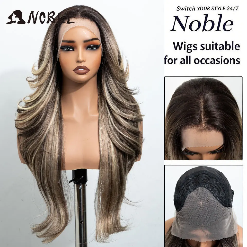 Noble 28 Zoll Synthetische Lace-Front-Perücken für schwarze Frauen, 13x4, vorgezupft, geschichtet, Ombre Braun-Blond mit Highlights, Perücken für den täglichen Gebrauch – Detail 5