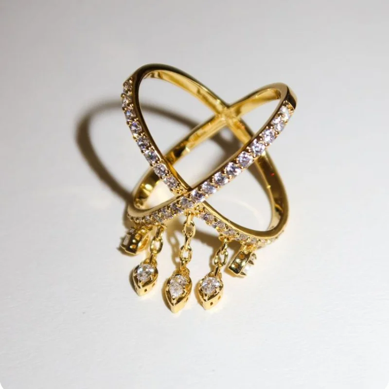 2025 Gold Color Criss Cross X Cross Rings Micro Pave Bling Cubic Zircon Drop Cz Tassel Rings Women Wedding Finger Jewelry