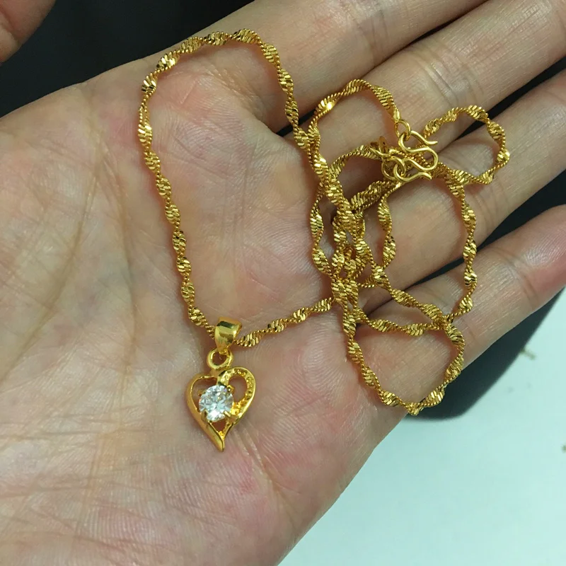 Genuine 24k Gold Necklace Zircon Heart Pendant Water Ripple Chain  Electroplating Gold Jewelry Wedding Gifts for Women image 6