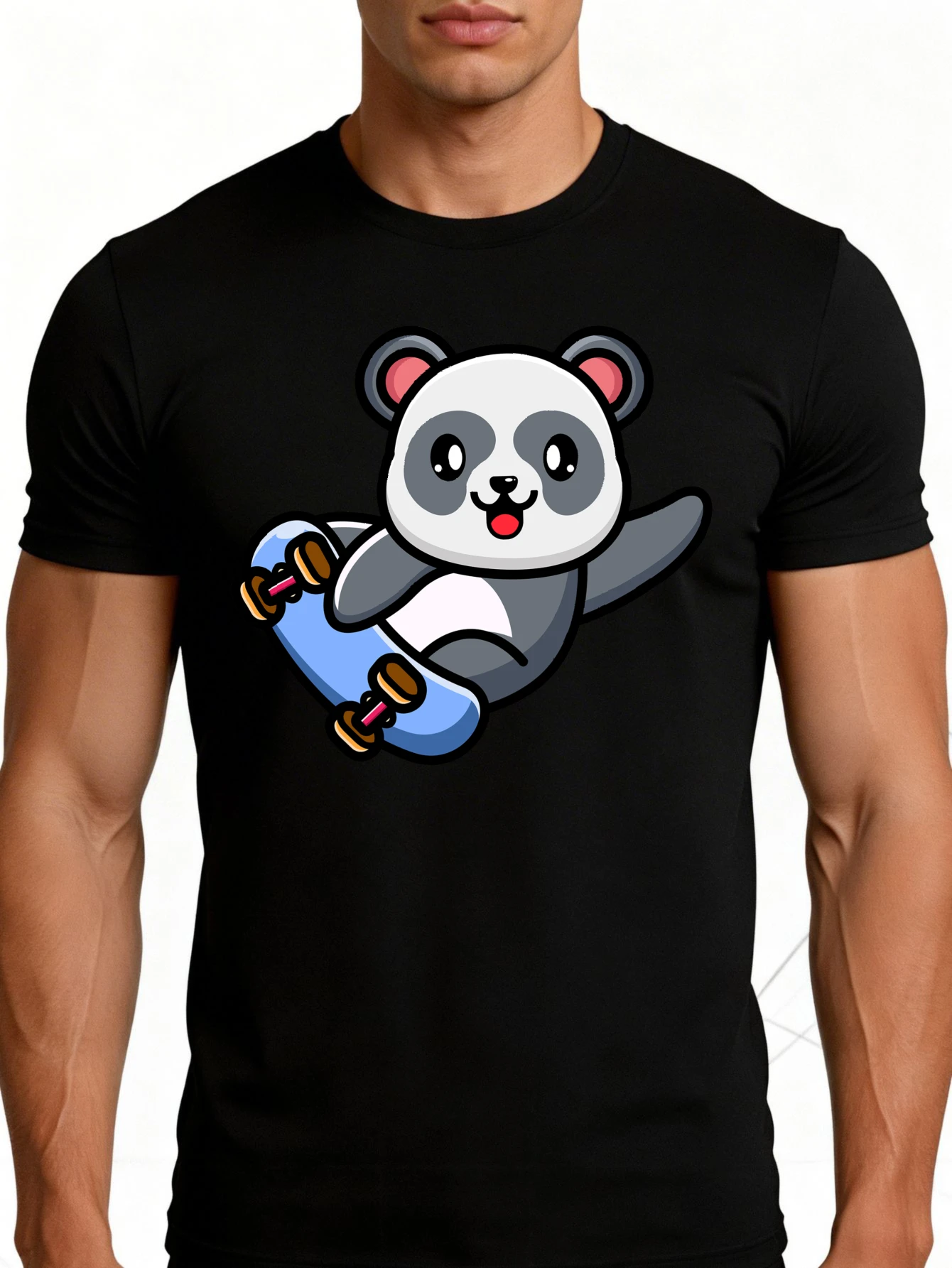 Men's Graphic T-Shirt - Breathable, Soft, Lightweight - Skateboard Panda Cartoon Design Print - Retro Fun Pattern Casual Short Sleeve Summer Top, Gift for Him