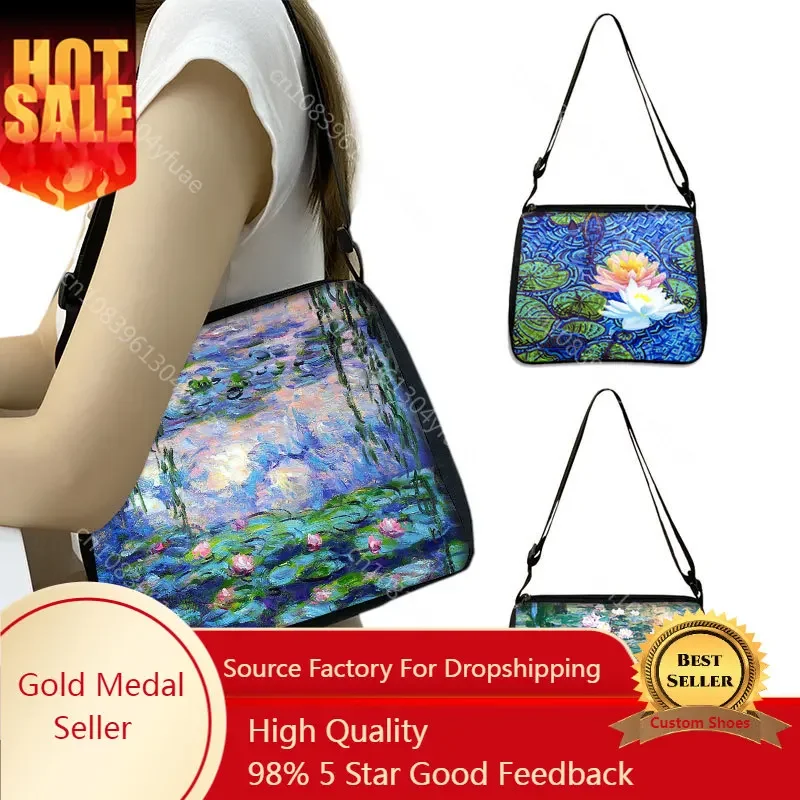 Vintage Painting Water Lily / Lotus Print Shoulder Bag Monet Women Handbag Ladies Travel Underarm Bag Portable Shopping Bags