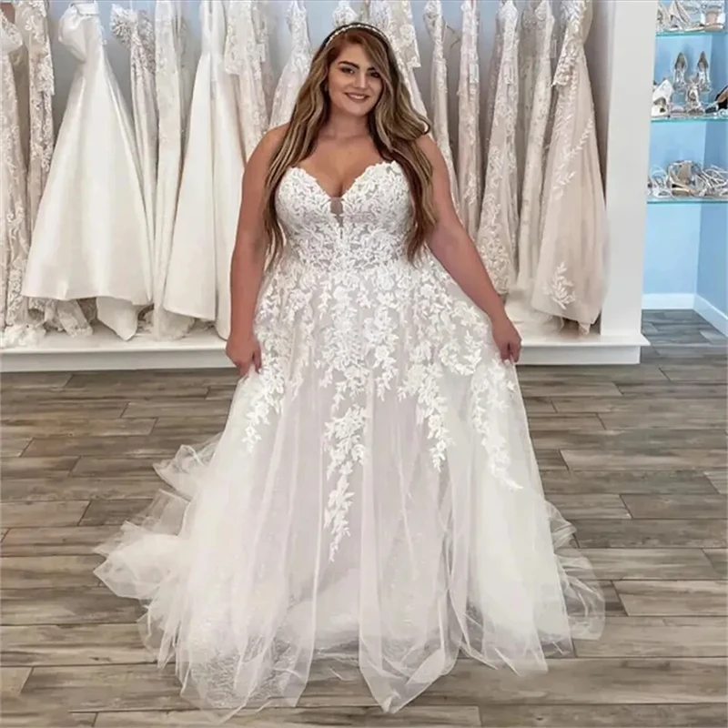 Plus Size Wedding Dress Lace Appliques A-Line Lace-Up Corset Bridal Gown Sweetheart Sleeveless Long Vestido de Novia