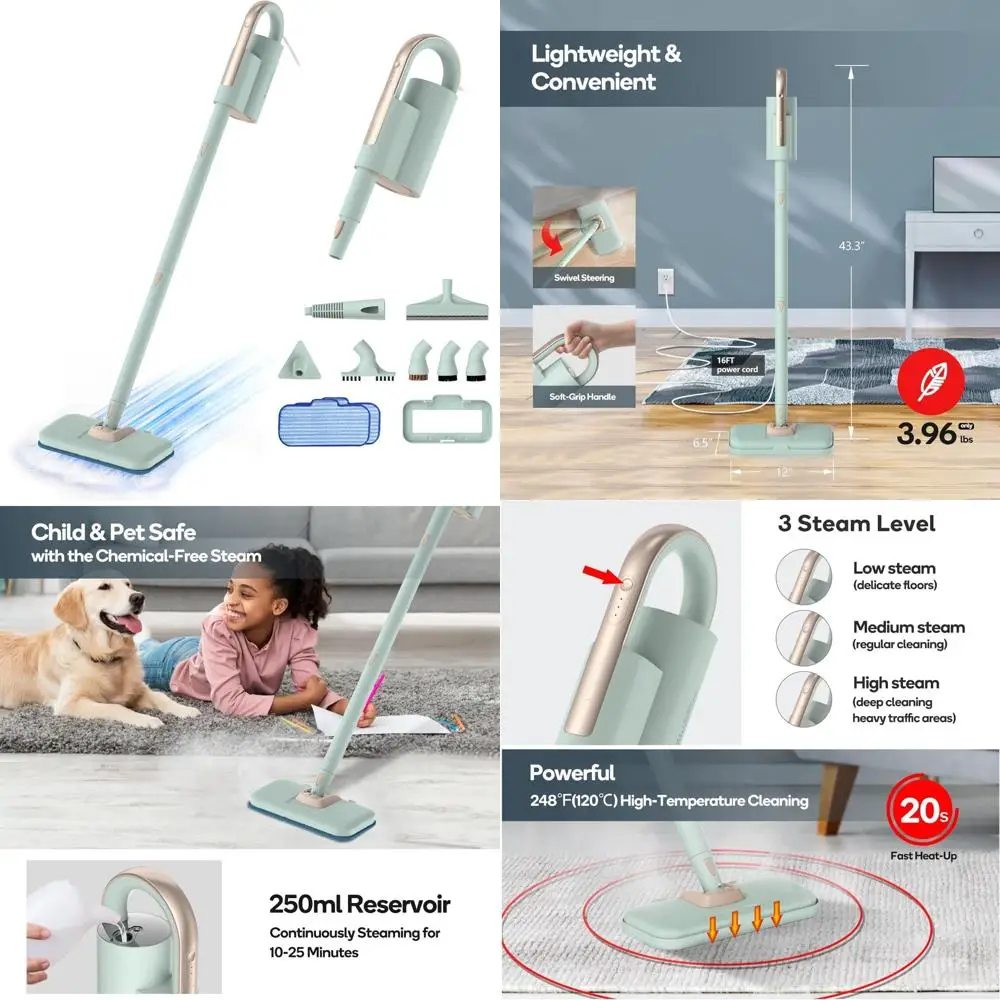 

Powerful 1200W Steam Mop with Detachable Handheld Cleaner, 250ml Water Tank, 3 Adjustable Levels for Various Floor Types, Ideal
