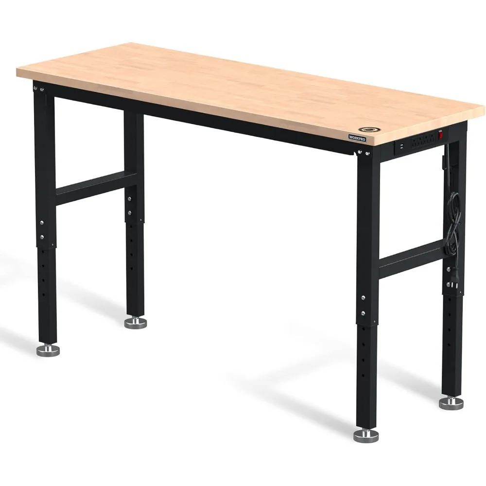 

60" Adjustable Workbench, Rubber Wood Top Heavy-Duty Workstation, 2000 LBS Load Capacity Hardwood Worktable with Power