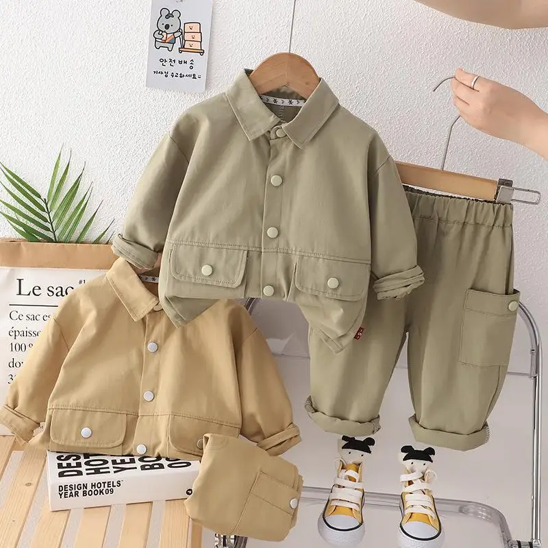 

2024Children's and Boys' Tooling Set Autumn Children's Solid Color Lapel Single-breasted Long-sleeved Leisure Wear Two-piece Set