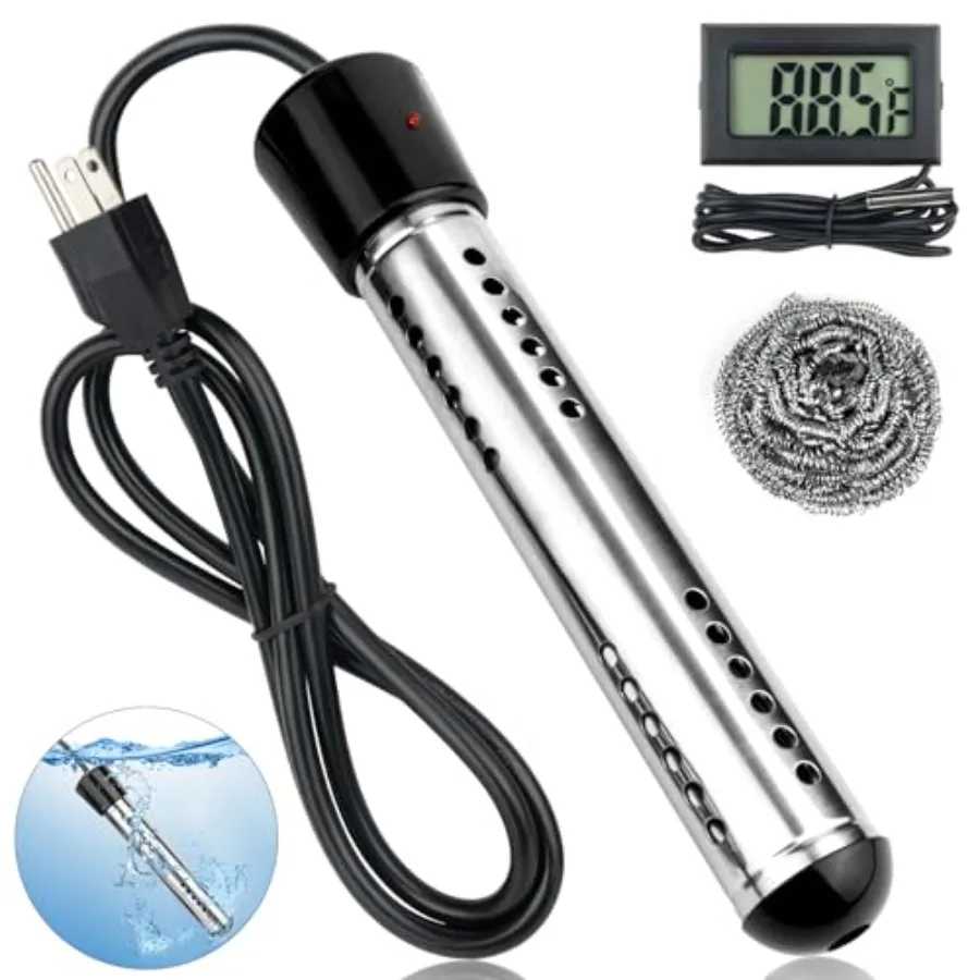 

Immersion Water Heater Electric 2000W Portable Hot Water Heater with 304 S S Guard and LCD Thermometer Submersible Water Heater