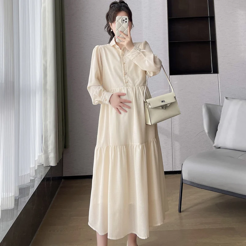 

2024 Autumn Maternity Brief Dress Solid Color Long Sleeve Turn-down Collar Plus Size Pregnant Woman Elegant Chiffon Dress Beige