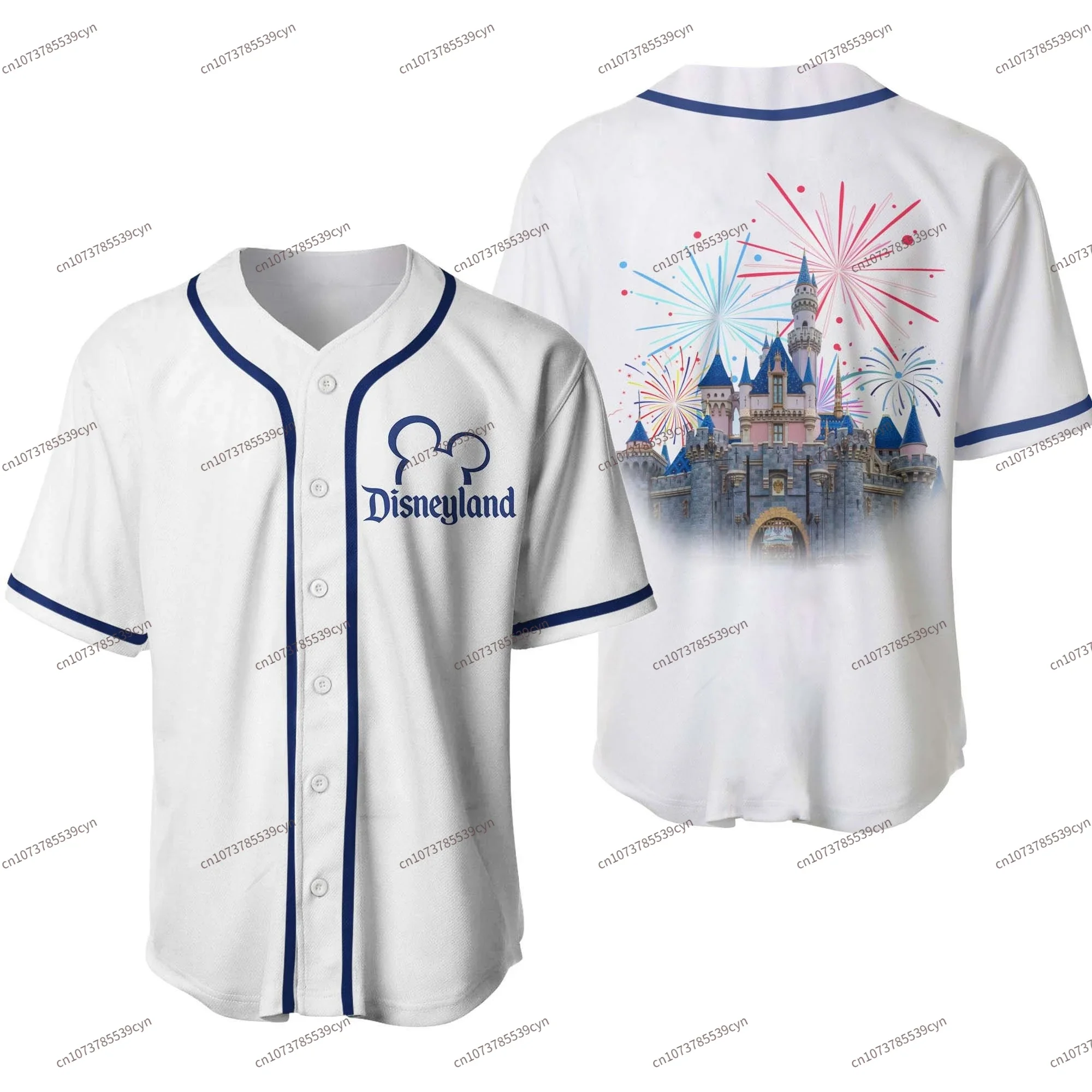 

Disneyland Castle Fireworks Denim Blue White, Disney Baseball Jersey Disney Shirt