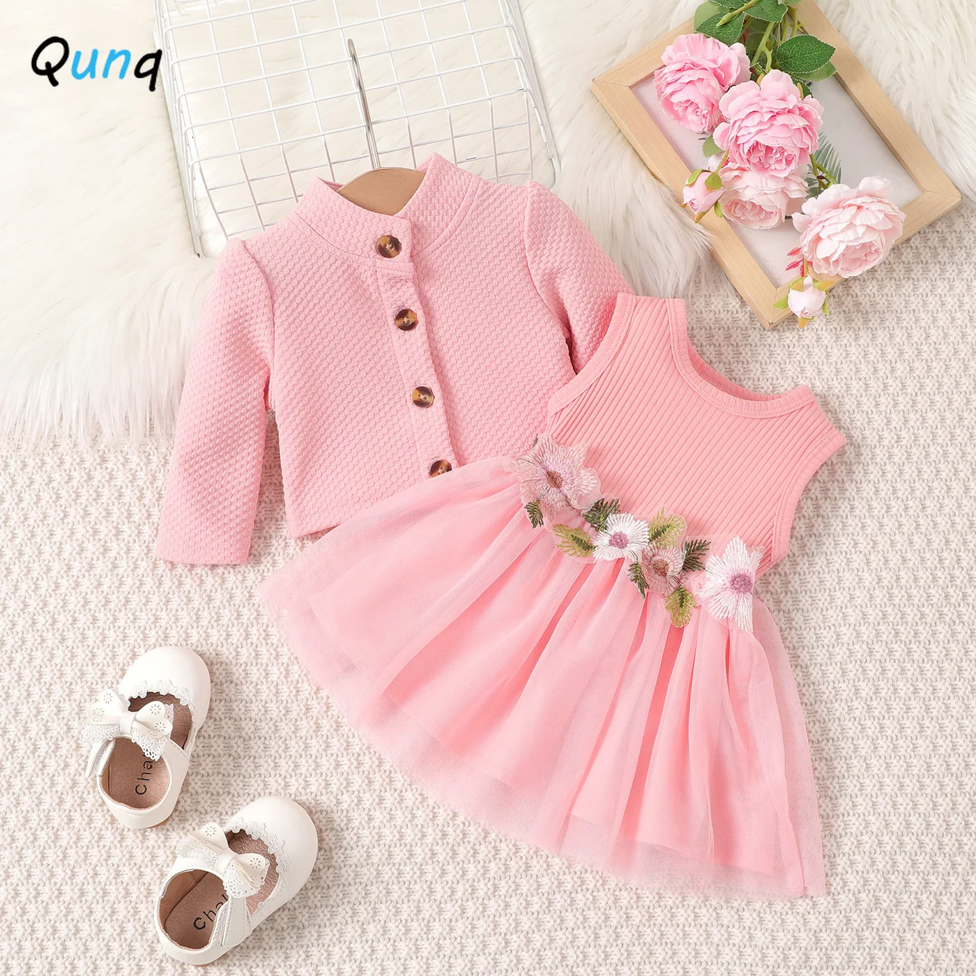 

Qunq 2023 Autumn Girls Long-sleeved Single-breasted Coat Top + Mesh Splice Vest Dress 2 Pieces Set Casual Kids Clothes Age 0-2T