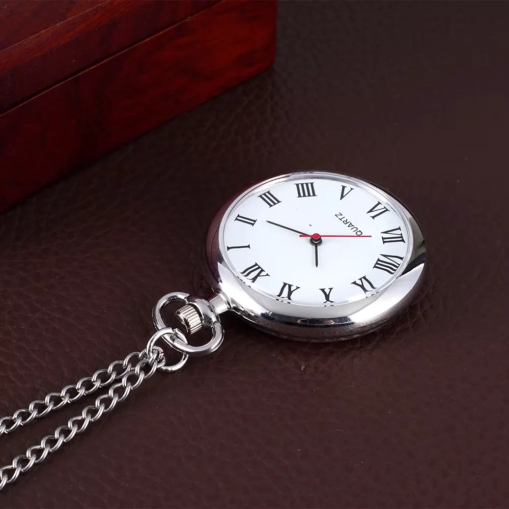 Single case silver pocket watch Roman scale white quartz watch clamshell long necklace watch
