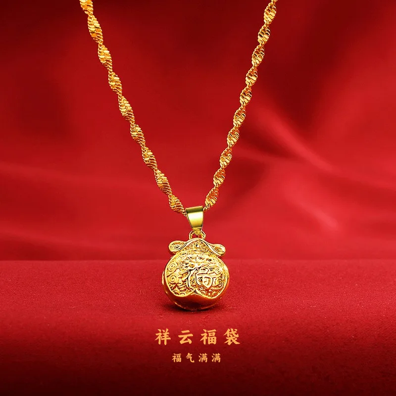 

AU999 Gold Necklace Filigree Fortune Money Bag Pendant 24K Pure Gold Jewelry Gold Chain Hollow Necklace Womens Clavicle Chain