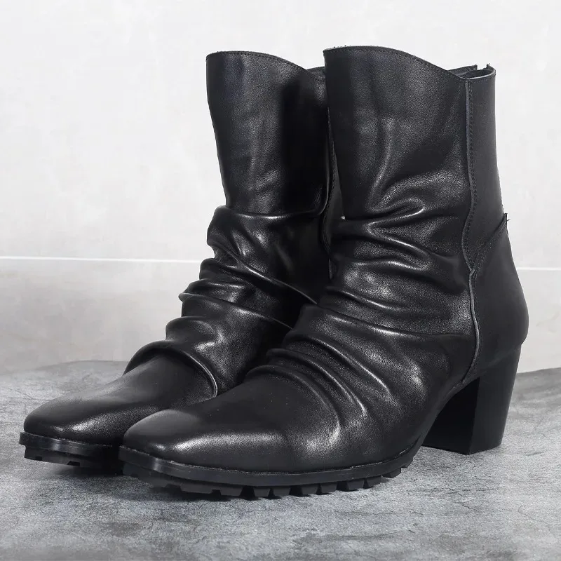 

British Style Fashion Genuine Leather High Heel Chelsea Boots Men's Shoes Casual Designer Outdoor Motorcycle Ankle Boots Male