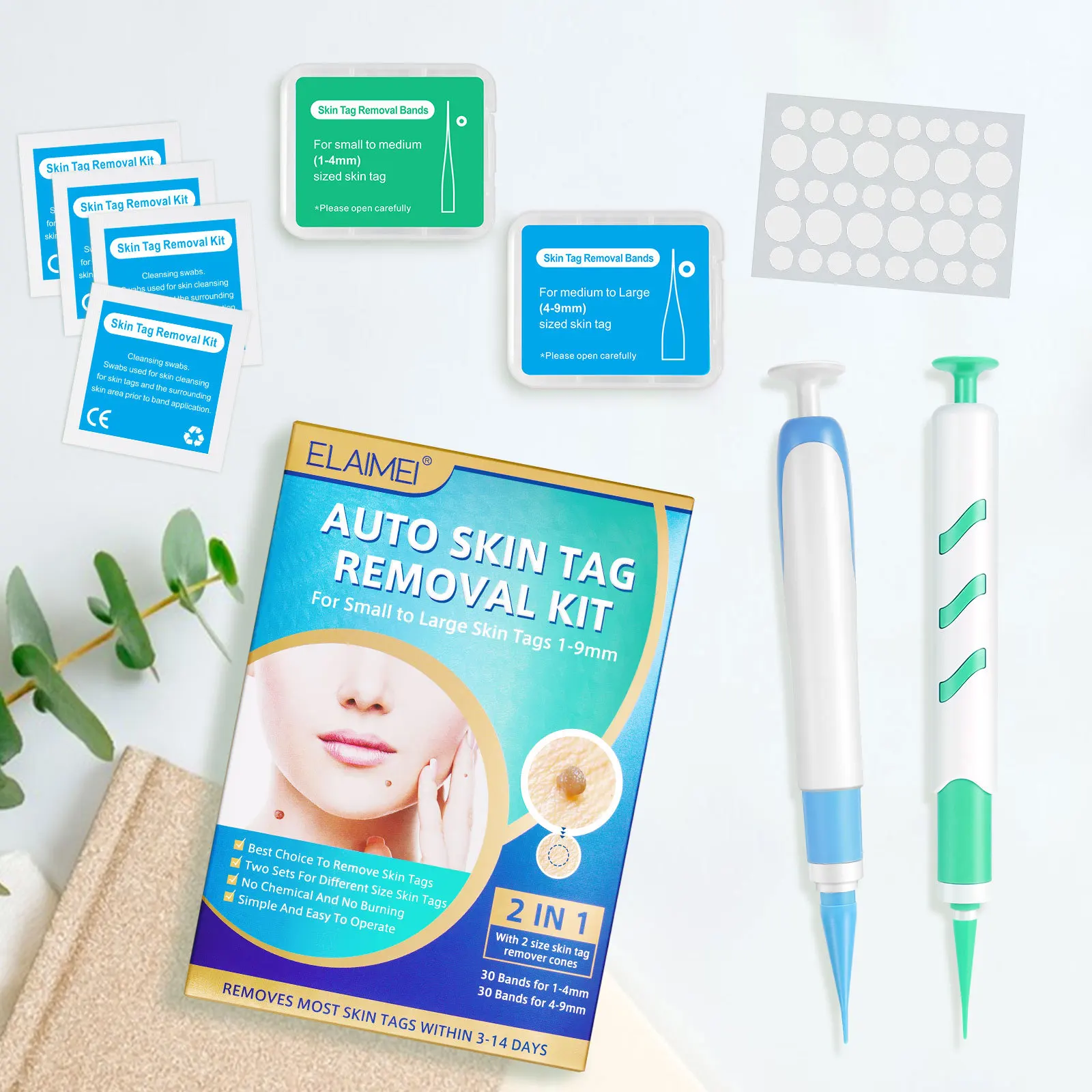 Kit de eliminación automática de etiquetas de piel 2 en 1 para etiquetas de piel pequeñas y grandes, 1-9mm con hisopos de limpieza, herramienta de cuidado de la piel facial para uso doméstico