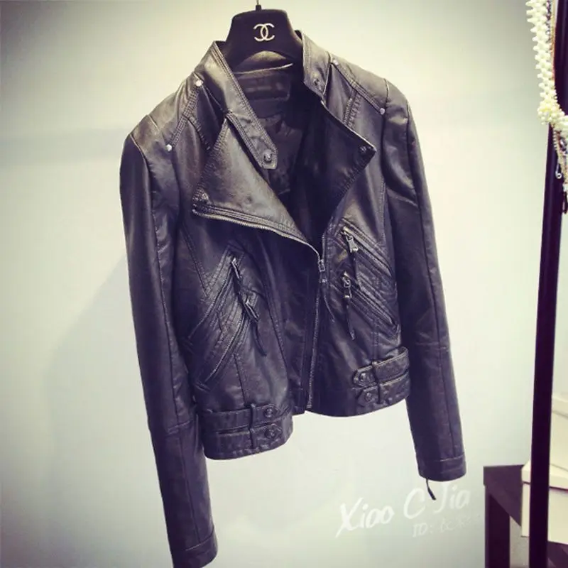 

​ ​ Термокуртка из искусственной кожи на флисовой подкладке, женское короткое облегающее байкерское пальто, годовая стильная верхняя одежда ​ ​