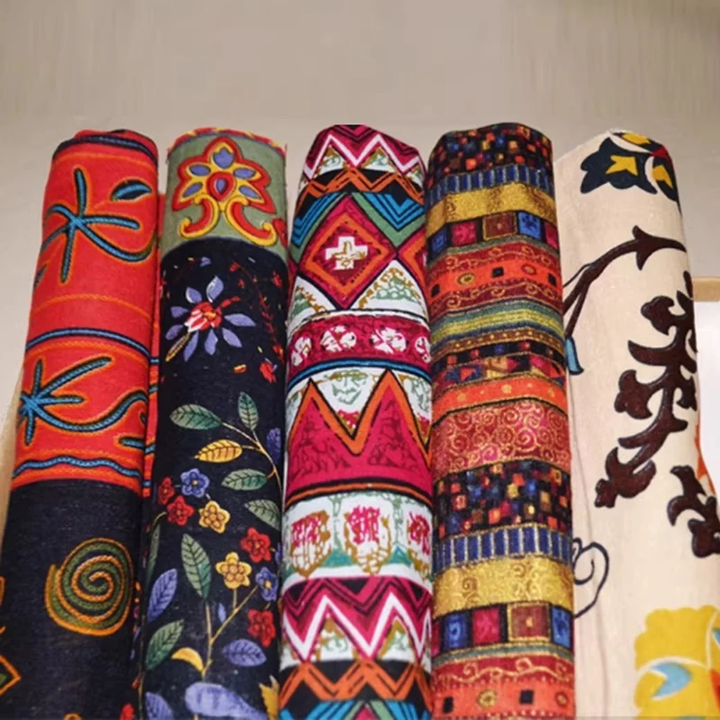 Ethnic Style Printed Cotton Linen Fabric Retro Wave West Asia Pattern for Hotel Pillows Bar Tablecloths Home Decor