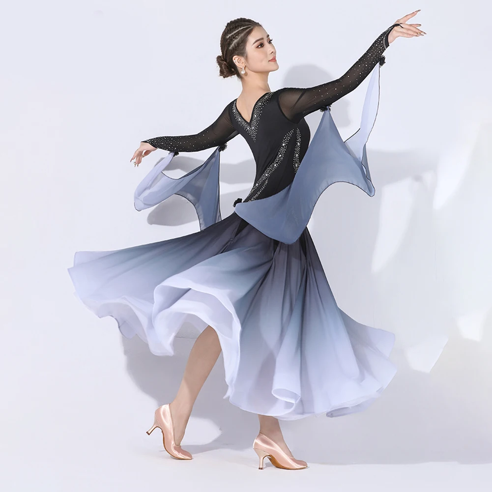 Spettacolo di costumi di scena Danza moderna da donna sfumata Nuovo abito da ballo standard Concorso a maniche lunghe Elegante nastro valzer