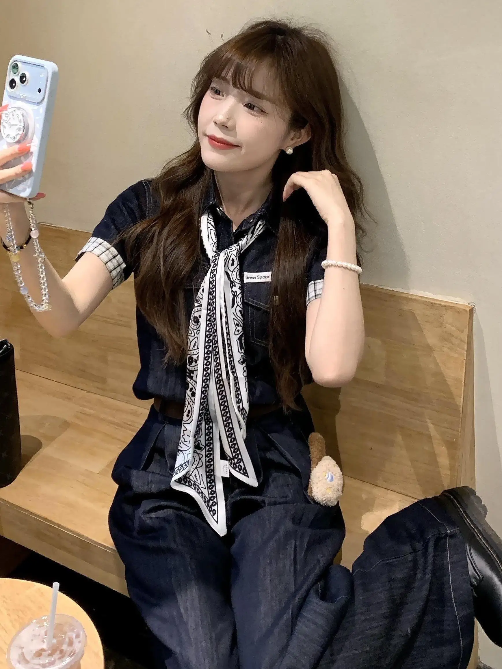 

Retro Korean Style Denim Wide Leg Pants Set Women Summer Design Patchwork Shirt Top Two Piece Set Fashionable Casual Outfit