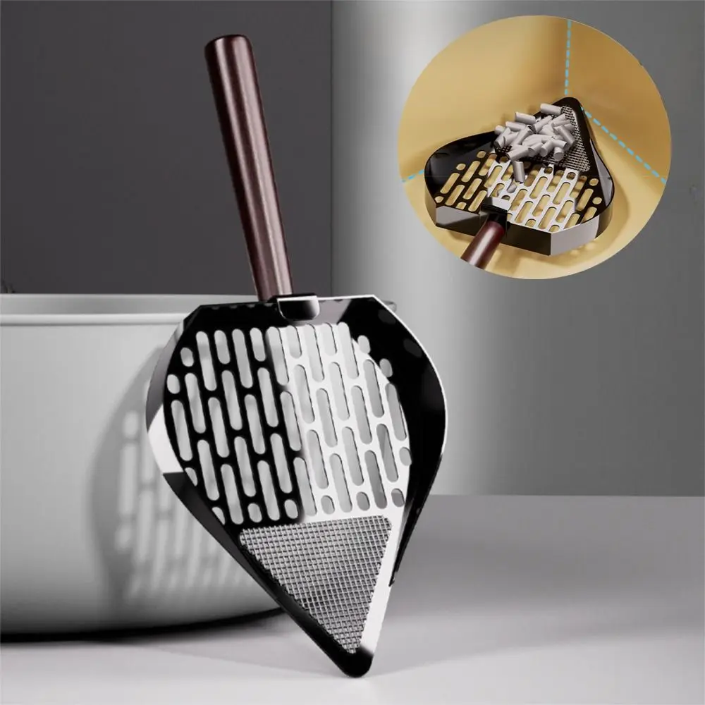 Stainless Steel Cat Litter Scoop Double Sifting Wood Handle Pet Waste Shovel Comfortable Grip Easy To Clean Kitten Poop Scooper
