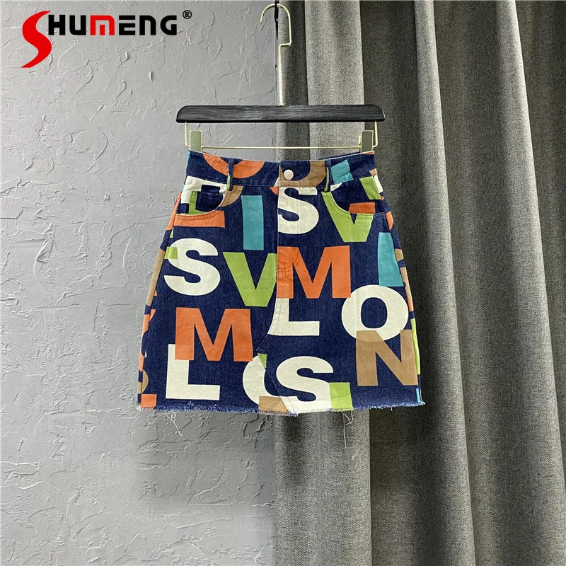 2023 Summer New Colorful Letter Printed Denim Skirt Ladies Fashion High Waist Slimming A- line Mini Skirt for Female