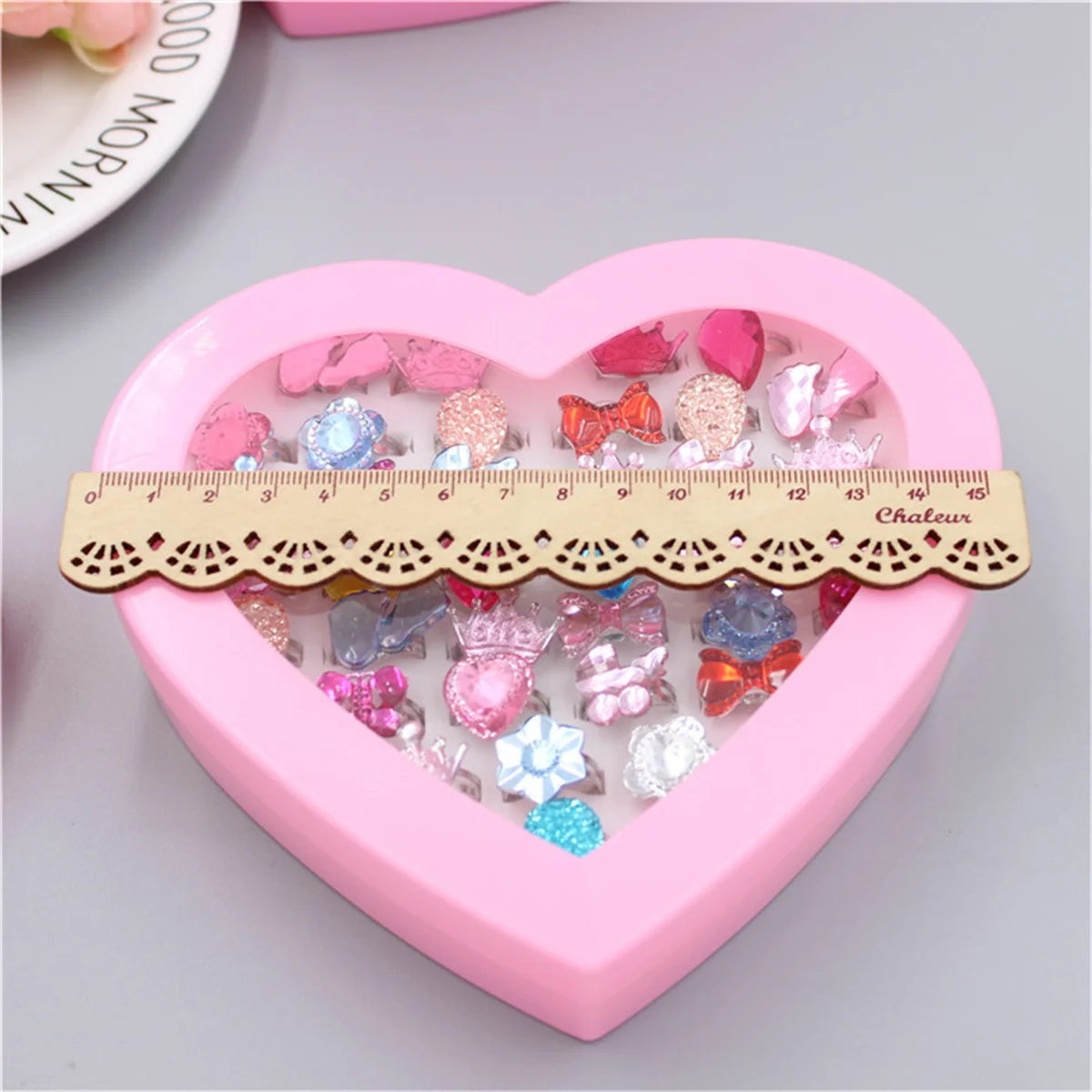 10/24/36/Set Cute Cartoon Acrylic Small Ring Heart-shaped Gift Box Set Resin Children's Toy Jewelry The Best Holiday Gift Rings