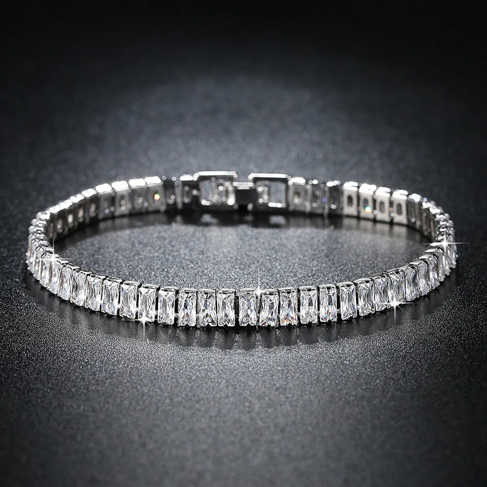 Silver Plated 4mm Rectangular Cubic Zirconia Classic Tennis Bracelet For Women Fashion Jewelry Birthday Party Gifts,7.1 Inch