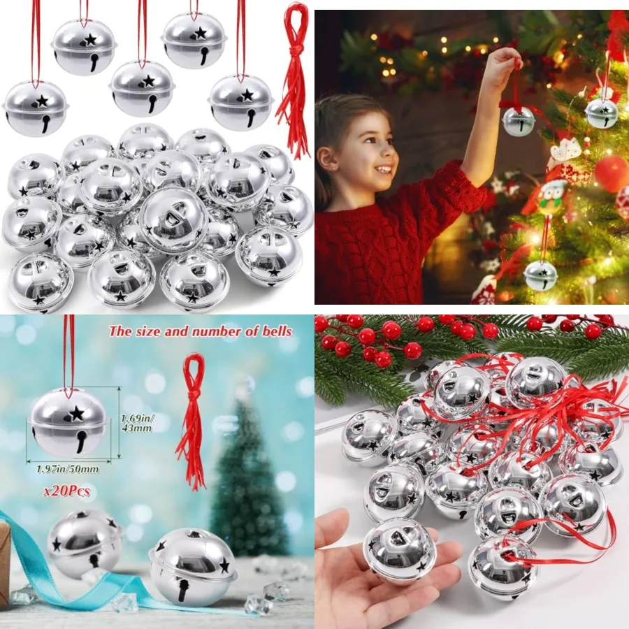 

2-дюймовые колокольчики для поделок - 20 шт., большие серебряные колокольчики оптом и красные ленты для украшения рождественских вечеринок, фестивалей и свадебных торжеств