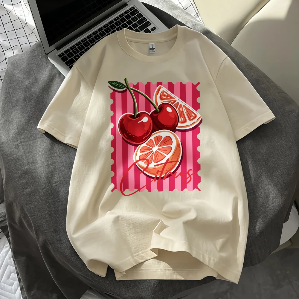 Rote Kirsch-Zitrus-Bedruckte T-Shirts aus Baumwolle für Damen, Sommerliche Oversize-Oberteile, Basic O-Neck Kurzarm-T-Shirts, Lässige Weiche Kleidung – Detail 13