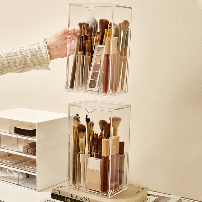 ฝาปิดด้านหน้าแปรงแต่งหน้า CLEAR เครื่องสําอางค์แปรงอะคริลิคแปรงแต่งหน้าผู้ถือ Slant โต๊ะแต่งหน้าเครื่องมือคอนเทนเนอร์