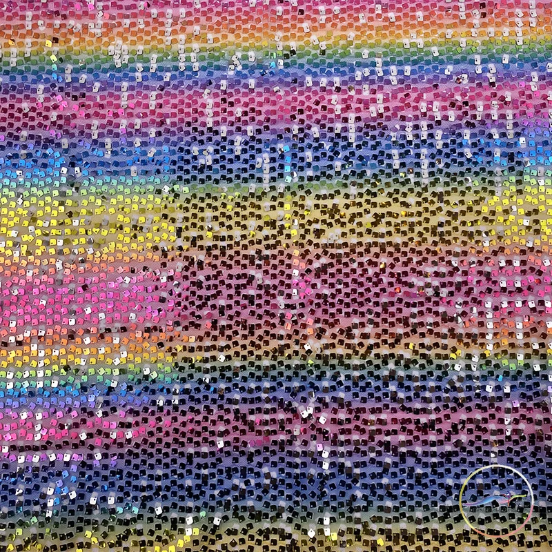 Glitzy Embroidery Rainbow Printed Sequin Stretch Mesh Ground  For Clothsing Making Party Events And Dancewear Fabric