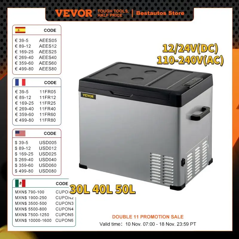Vevor 30L 40L 50L Mini Auto Koelkast Draagbare Kleine Koelkast Vriezer 12V/24V Dc 110-240 ac Koeler