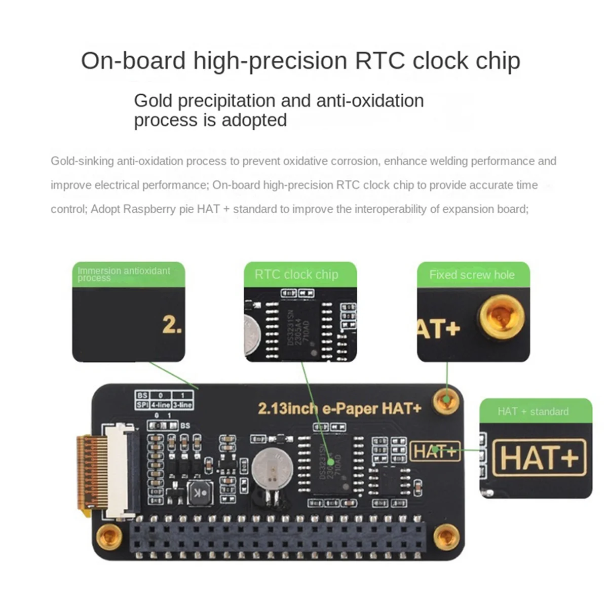 2.13inch E-Paper HAT for Raspberry Pi E-Ink Display 250x122 Immersion Gold Process SPI Interface HAT Standard