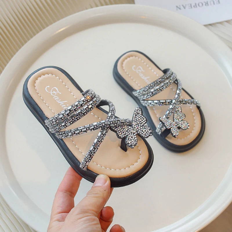 New Summer Children\'s Slippers Luxury Rhinestone Strap Girls Princess Causal Beach Slippers Fashion Butterfly Kids Flip Flops