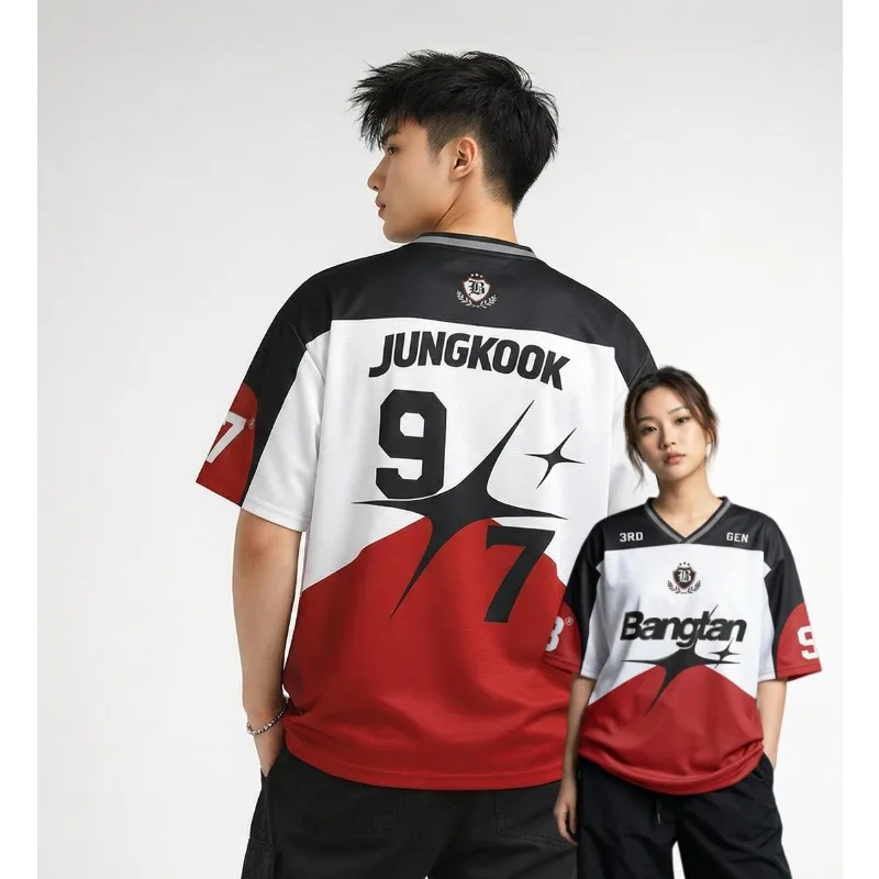 

Jungkook 97 Red Black White Color Block Jersey V-Neck Short Sleeve Breathable Family Matching Kpop Fan Streetwear Casual Shirt