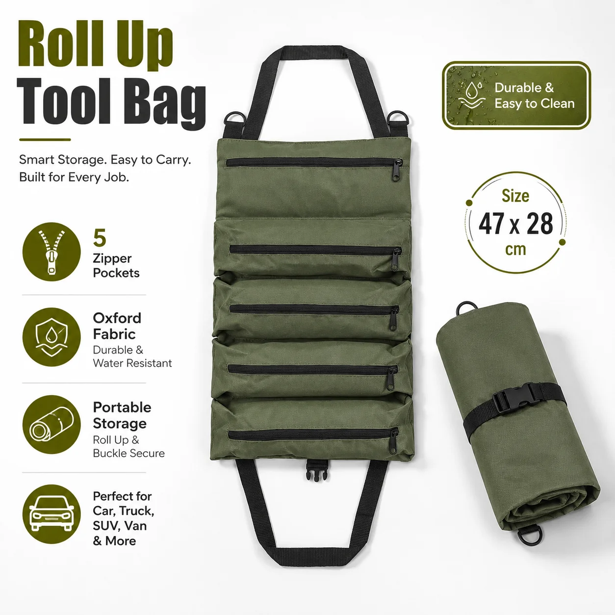 Heavy Duty Roll Up Tool Bag Fabric Multi Tool Organizer for Mechanics Electricians Carpenters, Garage Storage Tool Backpack