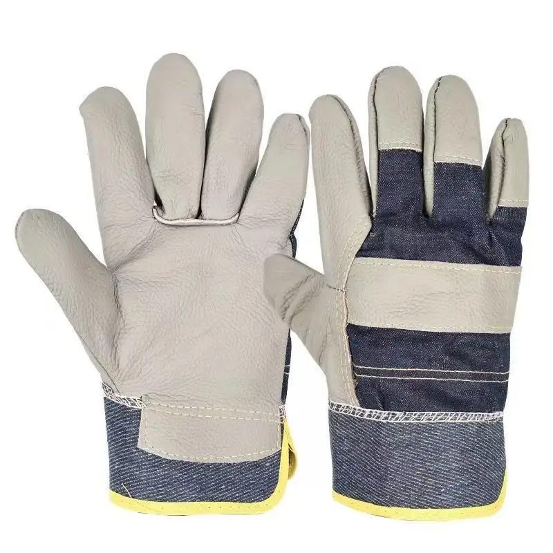 1 Pair Wear-resistant Welder Maintenance Gloves Cowhide Denim Gloves Double Thickened Protective Labor Protection Gloves